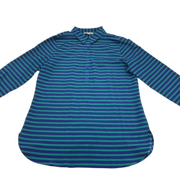 Loft Women's Small Blue & Green Striped Long Sleeve Shirt Blouse Career - Picture 1 of 5